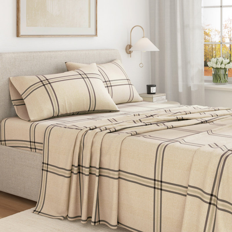 100% Turkish Cotton Plaid Flannel Sheet Sets, Queen Sheet Set with 2 Pillowcases, Wide Plaid Blue & Tan Striped