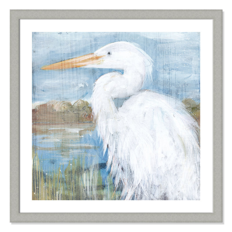 Héron blanc - cadre photo, Argent brossé, H 33,5 po x l 33,5 po x P 1,25 po