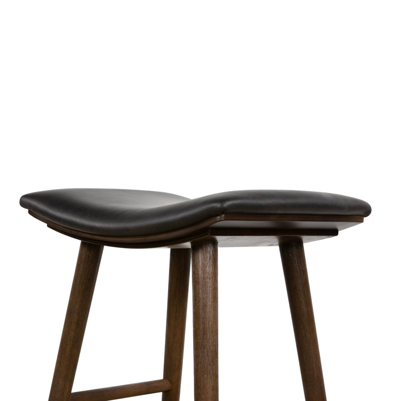 Union Wallis Belfast Solid Wood Stool, Faux Leather - Distressed Black/Warm Parawood, Counter Stool (26" Seat Height)