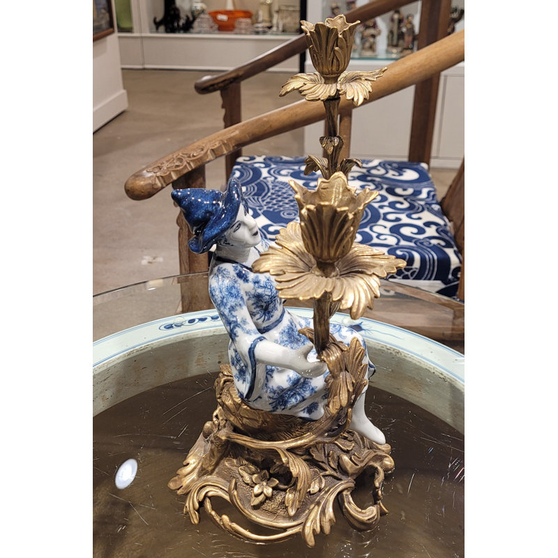 Porcelain Girl Figurine With Bronze Candle Holder Blue and White