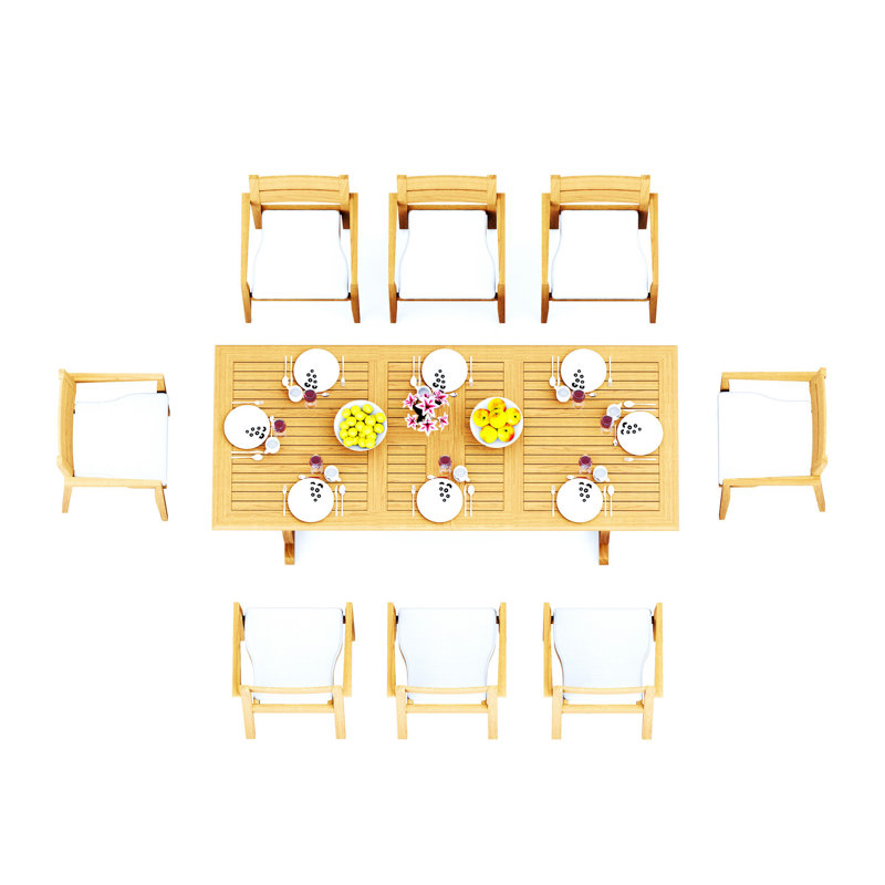 7 Pcs Grade-A Teak Wood Dining Set: 94" Double Extension Mas Rectangle Trestle Leg  Table And Vellore Stacking Arm Chairs #11VL2106