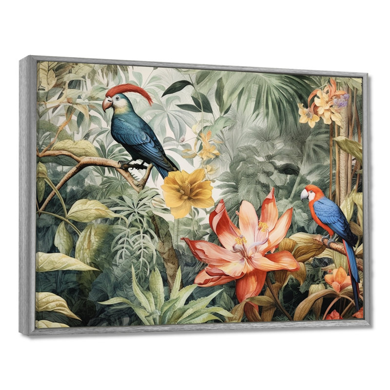 Perroquet au paradis II - Art encadré, H 30 po x l 40 po x P 1,5 po, Encadrement argenté