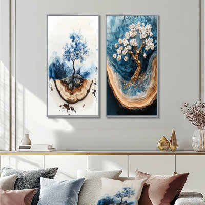 Fleur de cerisier doré, jardin d'hiver, beauté I - Collection d'art floral sur toile 2 pièces