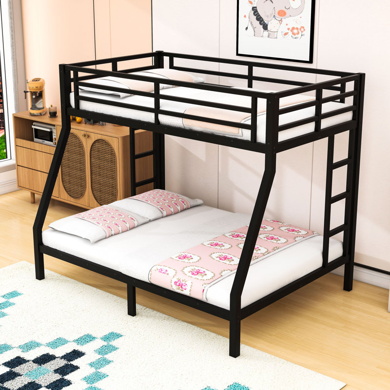 Twin-Over-Full Metal Bunk Bed With Ladders And Guardrails, Black, Twin Over Full