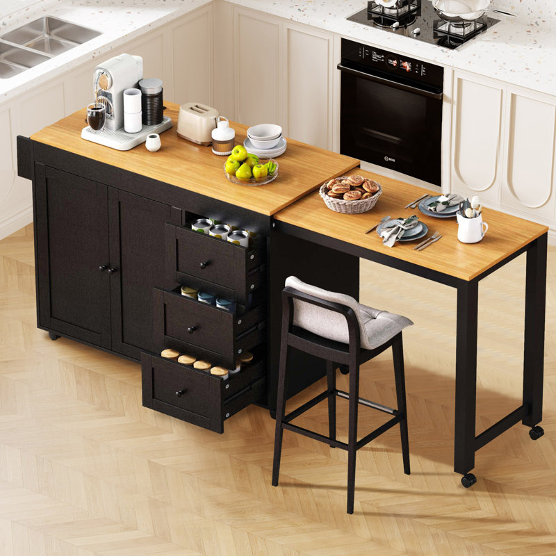 Arlonda 74.8" Kitchen Island With Storage And  Extendable Dining Table, Black
