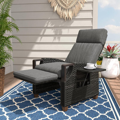 Grand patio Outdoor Recliner with Independent Adjustable Back and Footrest, Air Pump 150° Lay Flat Reclining Chair Removable Olefin Cushion Flip-Up Table Wicker Grey