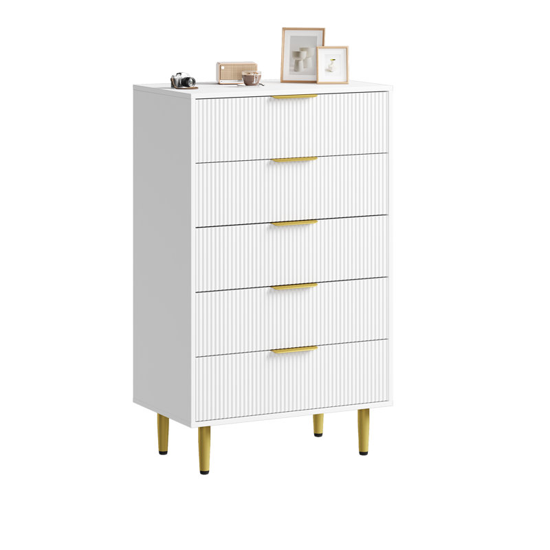 Modern Fluted Drawer Dresser, Wood Chest of Drawers with Metal Handles & Legs, Storage Organizer, White