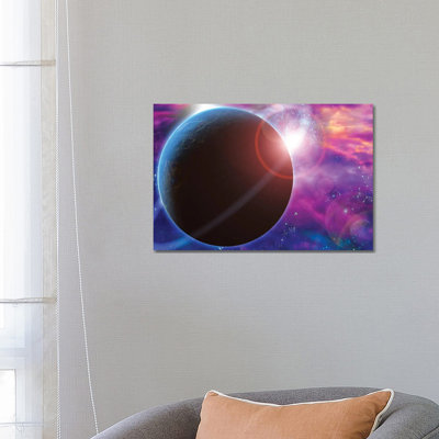 Planet And Cosmos Rising Sun In Vivid Space by Bruce Rolff - Wrapped Canvas Print