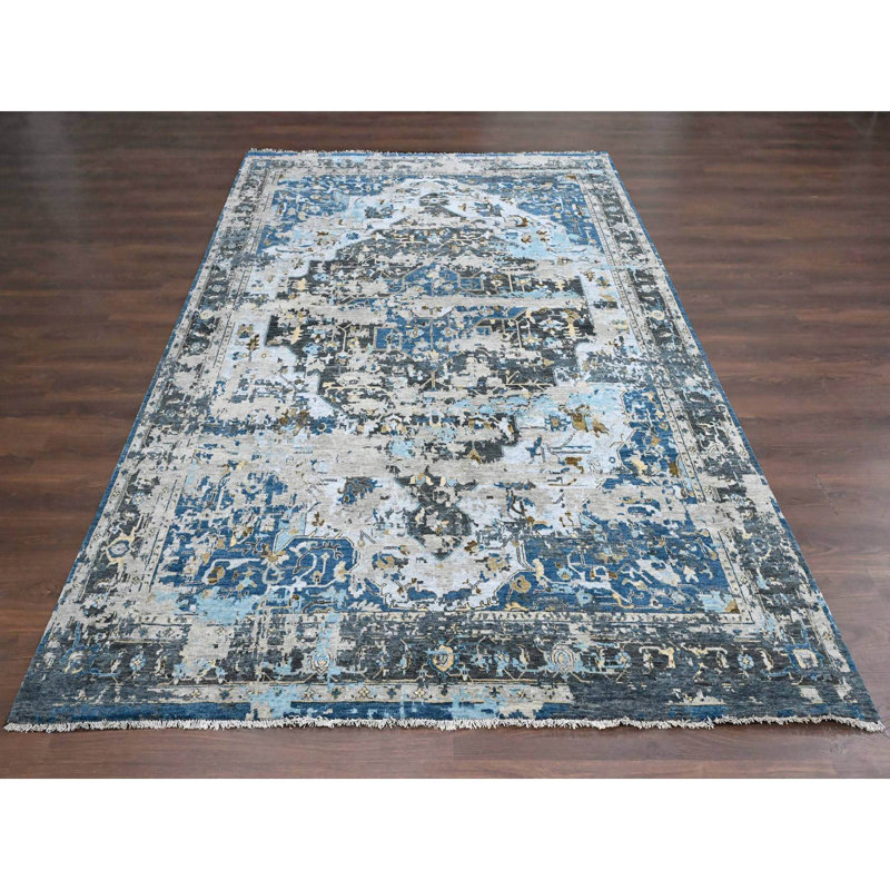 Tapis bleu noué à la main de conception unique 8 pi 10 po x 11 pi 10 po New Age