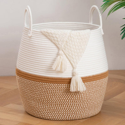 Panier à couverture 60L avec poignée, panier de rangement pour le salon, panier à linge pour les vêtements, serviettes, oreillers, rangement pour jouets - brun et blanc