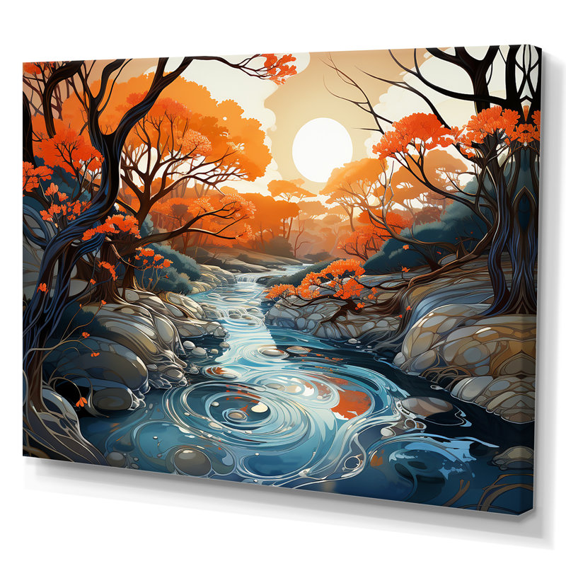 Art mural orange et bleu, rivière sereine, voyage II, H 24 po x l 32 po x P 1 po, Toile tendue