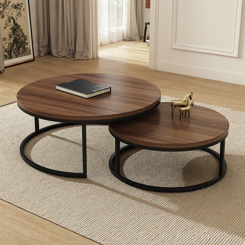Nesting Coffee Tables Set of 2, Round Walnut & Black Metal Frame, Modern End Tables for Small Spaces, Living Room, Apartment (80 & 60cm)