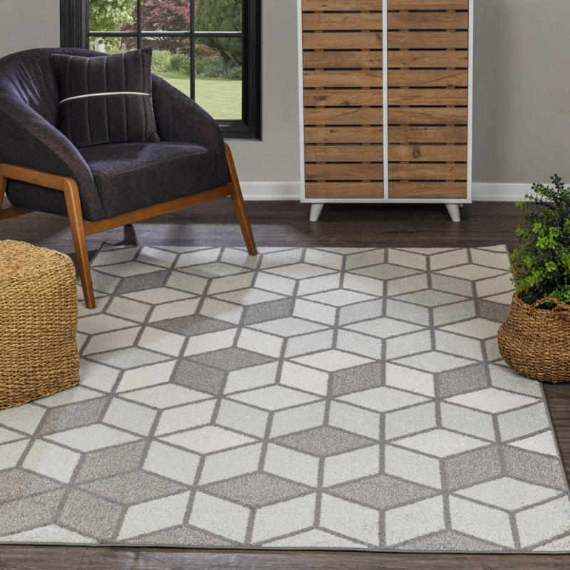 Grey Silver Modern Rug, Geometric Easy to Clean Rug For Living Room, Dining Room, Bedroom, Kitchen, Rectangle 120 x 170cm