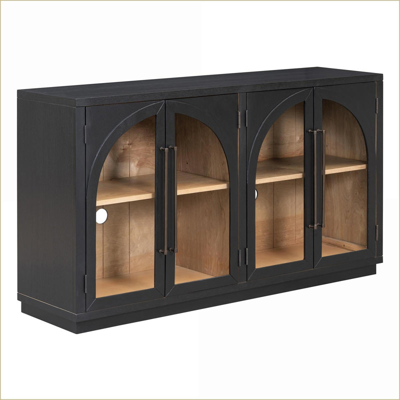 Buffet Buffet, rangement à 4 portes en verre avec tablettes réglables (noir) | Base en bois d'hévéa | Panneau de fibres à densité moyenne + placage de chêne