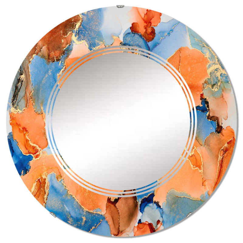 Bleu et brun luxe abstrait fluide Art VII - miroir mural moderne rond, 32 po x 32 po