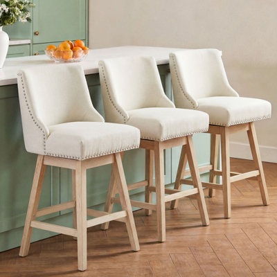Swivel Counter Height Bar Stools Set Of 3, 25.4''H Upholstered Barstools With Backs, Modern Bar Stool Chairs For Kitchen Island, Wood Legs, Fabric, Stools Counter Chair