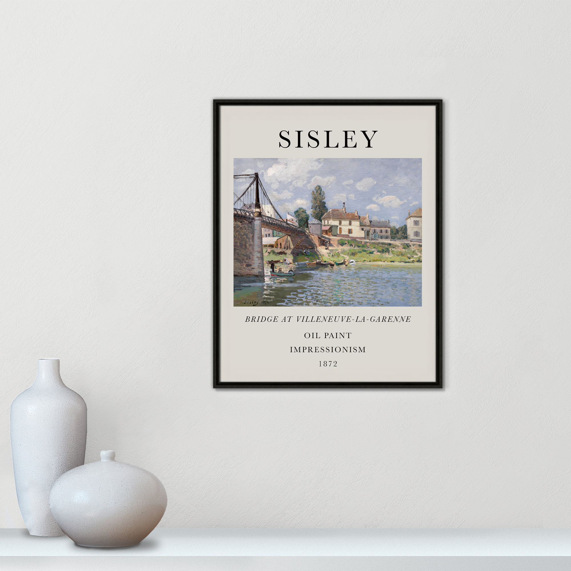 Old Masters Collection " The Bridge At Villeneuve " by Alfred Sisley, Espresso Floater Frame, No, 29.5" H x 23.5" W x 2" D