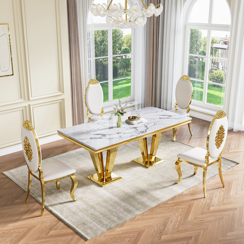 70"Faux Marble Dining Table,Rectangular Kitchen Table With Diamond-Shape Stainless Steel Legs For Kitchen, Living Room