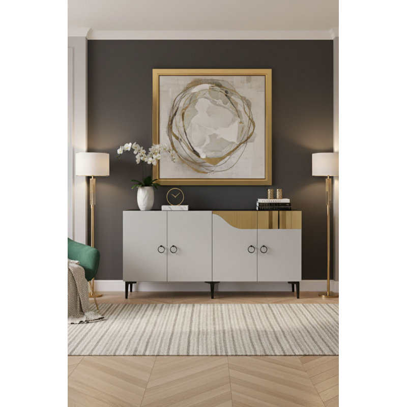 Adams Modern Console Table with Numerous Shelves, White & Gold, 59.1 x 29.5 x 12.6 inches | 100% Melamine Coated Particle Board, Thickness: 0.7 inches | Wall-Mountable Design, Stylish Storage for Living Room & Entryway