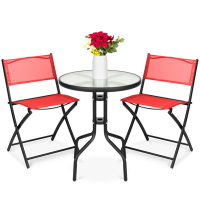 3-Piece Patio Bistro Dining Furniture Set W/ Glass Tabletop, Folding Chairs