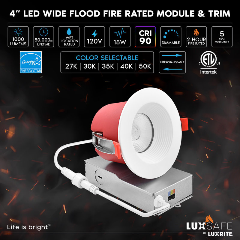 Ensemble de 12 ampoules encastrées DEL Luxrite J-Box 5CCT 2700K-5000K, 2 lumières à DEL, intensité de feu de 2 heures, 15 W, 1 000 lumens, intensité variable, 60 ° C, homologué ETL