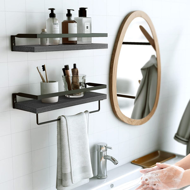 2 Piece Floating Shelf with Towel Bar, Black