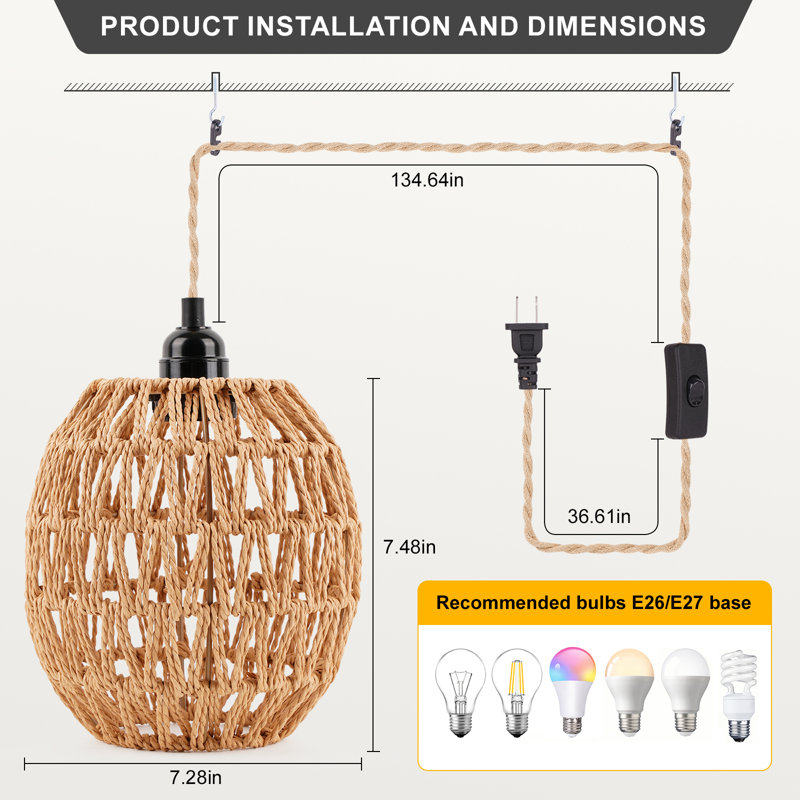 15ft 1-Light Plug-in Pendant Light Natural Rattan Single Light with Hemp Rope for Farmhouse Living Room