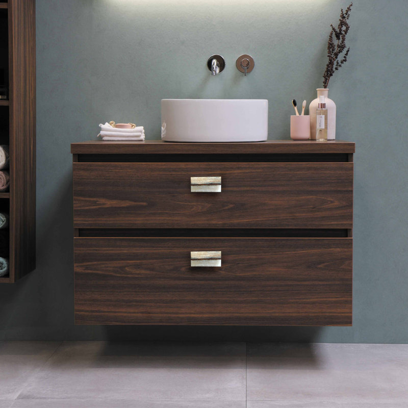 Set of 6 Tan and Dark Brown Wood Rectangular Knobs with Marble