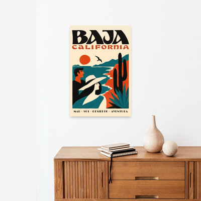 Baja California Coast Adventure Retro Vintage Abstract Bird Cactus Coastal Landscape Wall Art Print 1 Piece Wrapped Canvas Wall Art