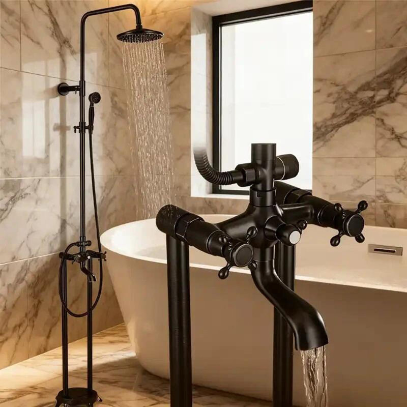 Robinet de baignoire à fixation au sol autoportant noir