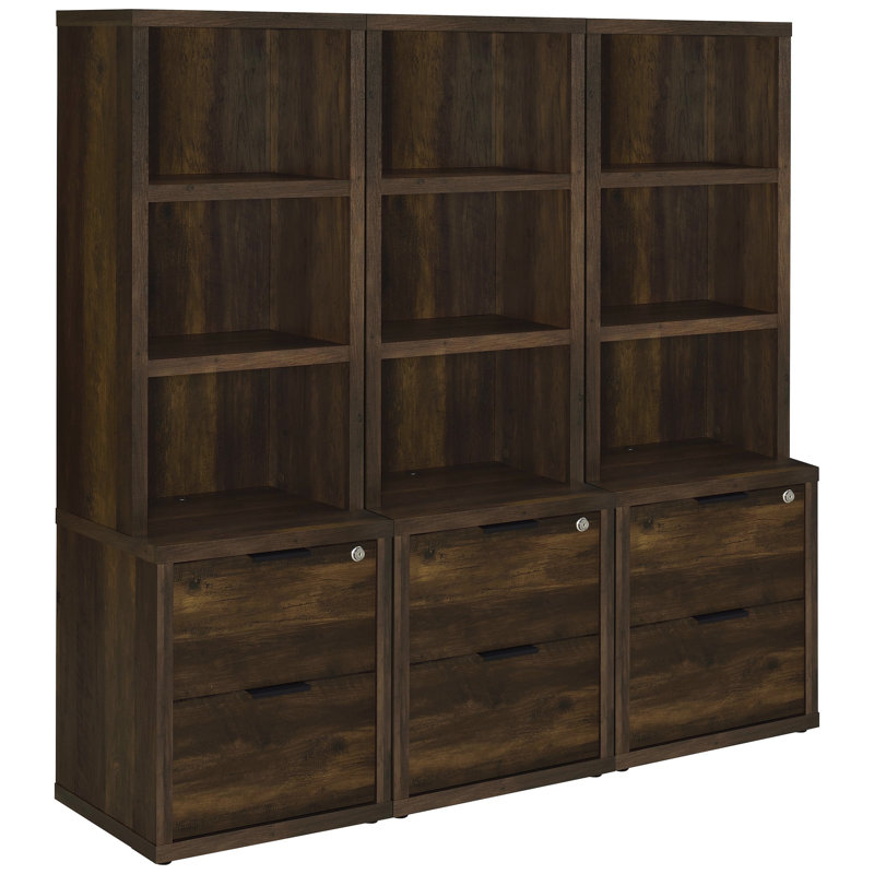 Bibliothèque 3 pièces en pin foncé avec tiroirs verrouillables pour l'organisation principale du salon, Dark Brown