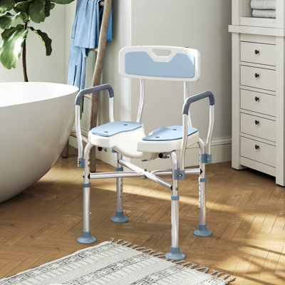 Chaise de douche rembourrée en PEHD avec accoudoirs et dossier, siège de bain à hauteur réglable, banc de douche antidérapant pour personnes âgées et personnes à mobilité réduite, assemblage sans outil, bleu clair