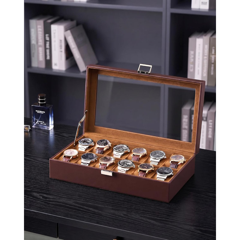 Coffret de montres pour hommes, boîte de présentation à 12 emplacements avec grand couvercle en verre, 1 couche, Espresso