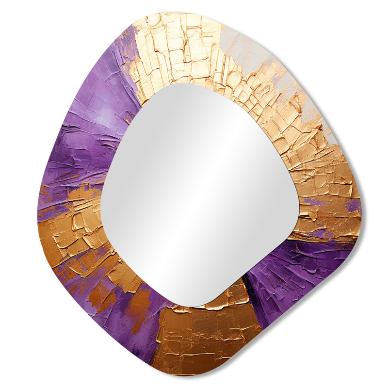 Gold And Purple Lunar Vector I - Abstract Painting Asymmetrical Wall Mirror, Beige Unique Shape Decorative Mirror, Printed Metal Art