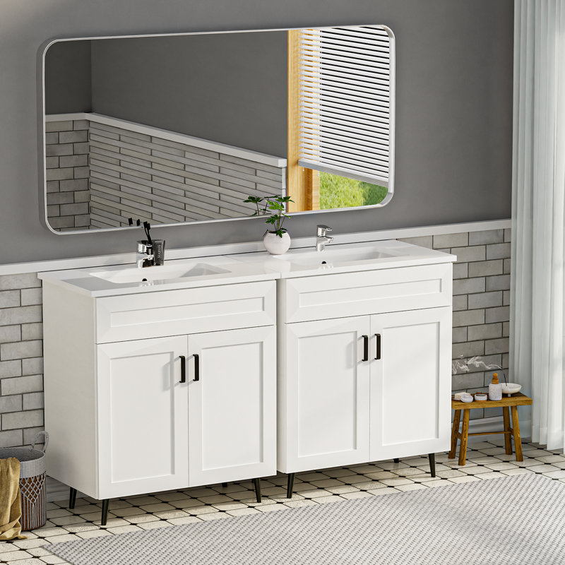 Meuble-lavabo 30 po avec lavabo, meuble-lavabo autoportant en bois avec 2 portes et pieds en métal, meuble-lavabo avec lavabo en céramique (peinture, 30)
