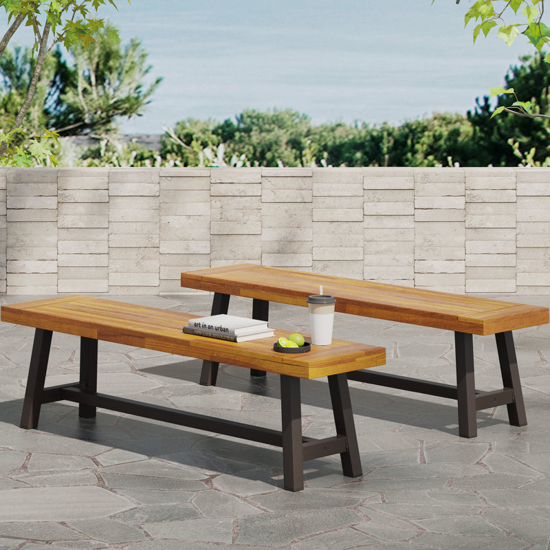 Bancs d'extérieur 2, métal rustique et bois, style industriel moderne, banc à lattes en métal brun, avec panneaux en bois