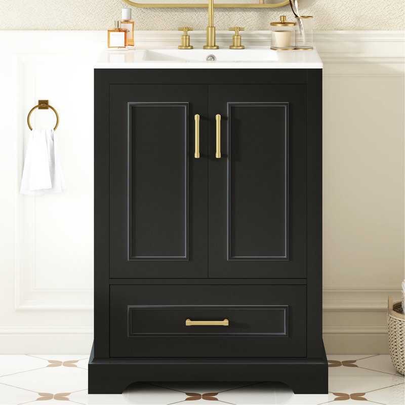 Meuble-lavabo de 24 pouces avec lavabo en céramique, tiroir standard, deux portes à fermeture en douceur, pied en bois massif et poignées en alliage de zinc pour l'organisation Mécanisme autoportant moderne de 24 po, tablettes doubles divisées