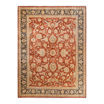 Tapis ivoire / orange en laine noué à la main de conception unique 9 pi 2 po x 12 pi 4 po Simer