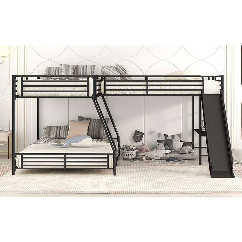 Lit superposé en L avec lit mezzanine, bureau intégré et glissade