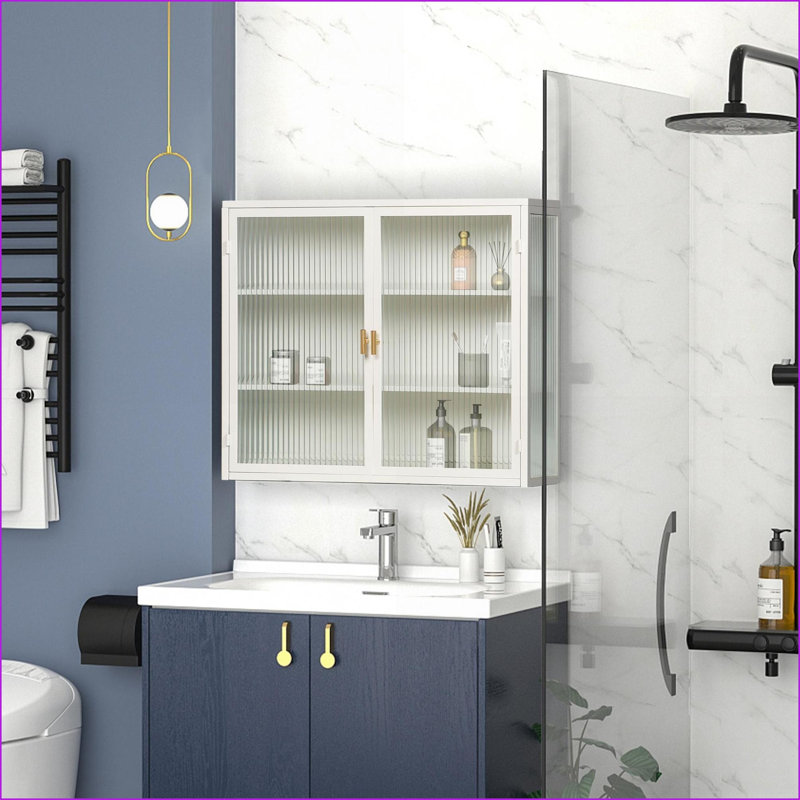 Armoires murales avec rangement moderne à deux portes et trois niveaux en verre blanc L 27,56 po x l 9,06 po x H 23,62 po | Métal | Verre trempé