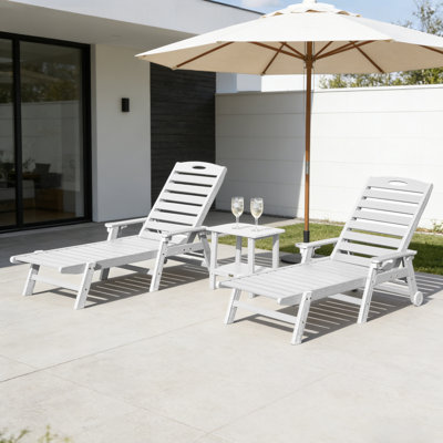 3-Piece All-Weather HDPE Wood-Look Outdoor Chaise Lounge Set with Wheels, Cup Holders & Double-Tier Side Table