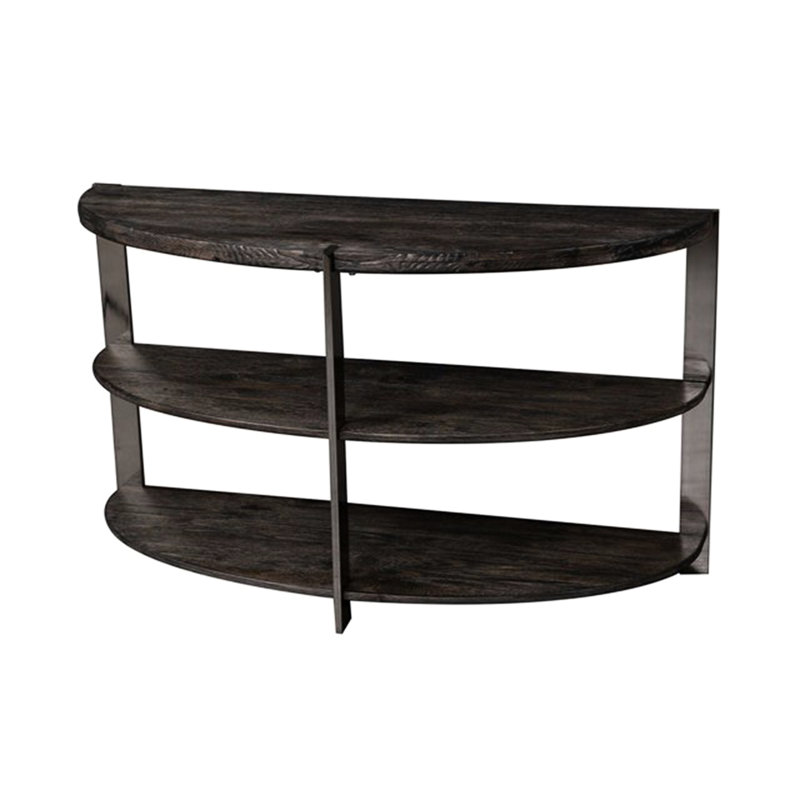 Console couleur anthracite, 2 tablettes, table en métal et en bois en forme de demi-lune, finition ouverte grise et espace de vie, chambre à coucher, vestibule