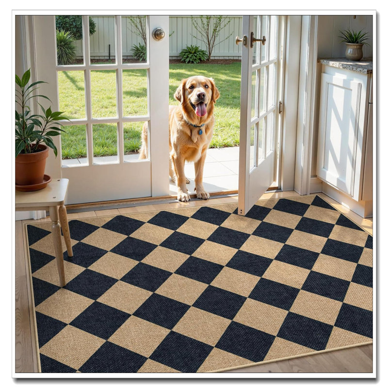Checkered Easy Jute-Look Runner Rug 2X8, Non-Slip Washable Indoor Outdoor Carpet For Hallway Kitchen Entryway, Runner 2' x 8'