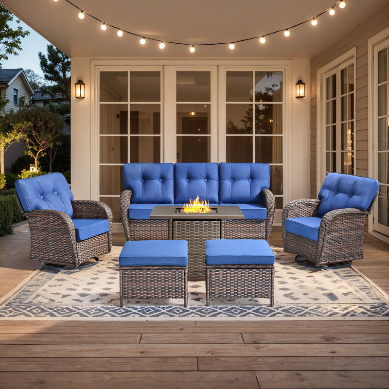 Fiorillo 6-Piece Wicker Rattan Patio Conversation Set With Square Fire Pit Table And Swivel Chairs, Blue