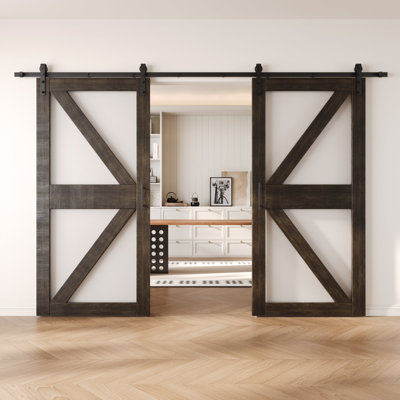 Homacer Ebony Double 48in x 84in Arrow Pattern Glass Design Unassembled & Finished Barn Doors with Non-Bypass Installation Hardware Kit, 18ft track, interior use only