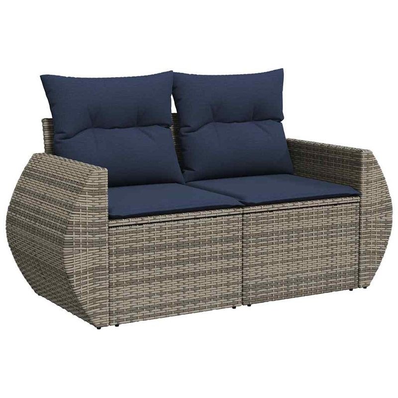 6 Piece Patio Sofa Set With Cushions Black Poly Rattan, Navy Blue Cushion/Gray Frame