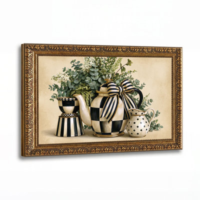 Théière et crémier à damier noir et blanc avec toile murale
