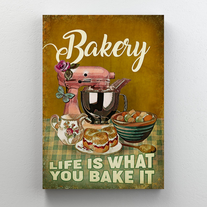 «Bakery - Life Is What You Bake Gallery», toile de fond - Illustration de cuisson, décor de cuisine brun et rose