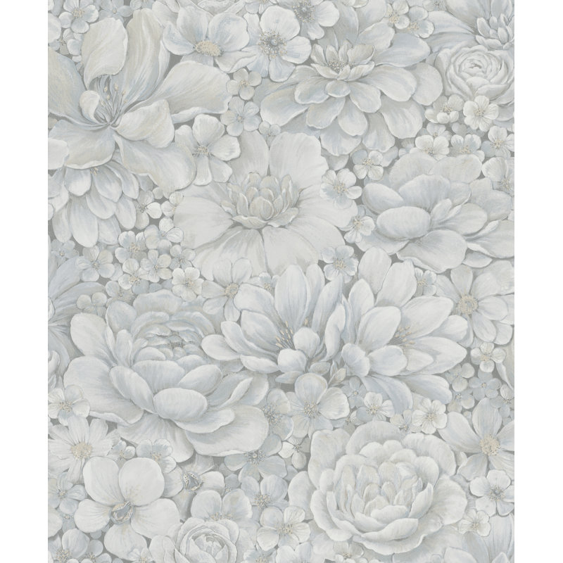 Eden Floral Texture 33' L X 21" W Wallpaper Roll, Blue/Grey