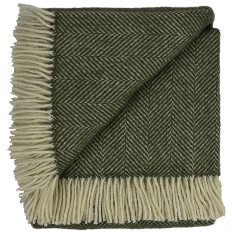 Evergreen Herringbone Pure Wool Throw Blanket with Fringe